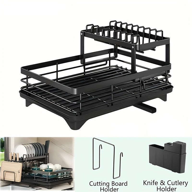 2-Tier Dish Drying Rack for Kitchen Counter with Drainboard Drain Mat Knife Fork Cup Holder Utensil Organizer Dish Drainer Kitchen Gadget Gift for Women Mother's Day