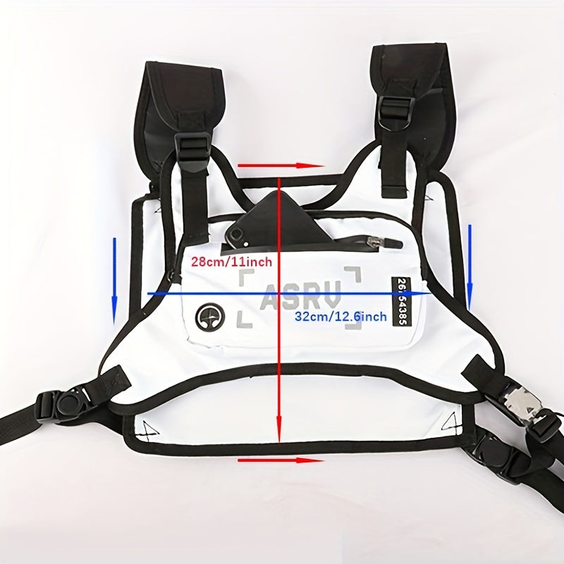 Reflective Chest Bag Running Vest Pack Lightweight Adjustable Crossbody Sling Bag for Men Women – Waterproof Sport Chest Pack for Cycling Hiking Skiing with Headphone Hole, Black & White
