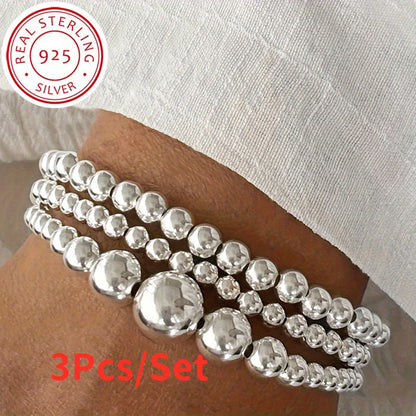S925 Sterling Silver Beaded Bracelet Set for Women 3pcs – Handcrafted Stackable Round Bead Bracelets, Minimalist Daily Wear & Valentine’s Day Gift, Total Weight 15.68g