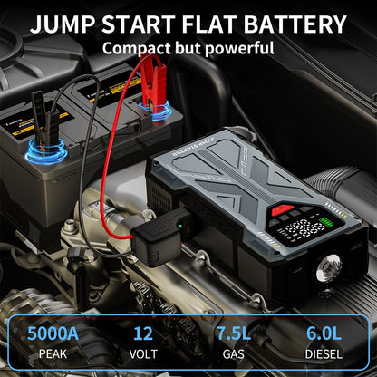 9-in-1 Portable Jump Starter with Air Compressor for 12V Car Up to 8.0L Gas 6.5L Diesel – Battery Booster Pack with Tire Inflator, USB Power Bank, LED Emergency Light & Roadside Kit