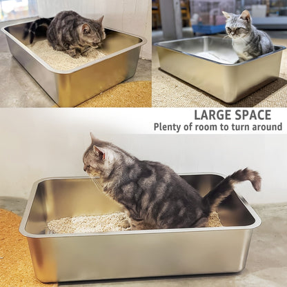 Stainless Steel Cat Litter Box XL – 2-Pack Extra Large Metal Litter Box, 6" Deep High Sides, Easy to Clean, Odor Resistant, for Big Cats & Multi-Cat Households, Rectangle Corner-Fit Design