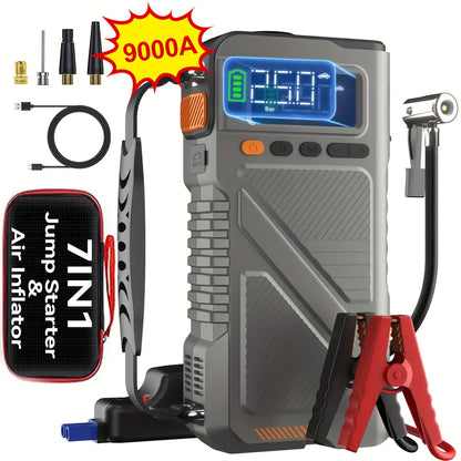 6000A/9000A Portable Jump Starter with 150 PSI Air Compressor – 7-in-1 Jump Box with Digital Tire Inflator & Battery Pack for Gas (10L) & Diesel (9.0L) Engines, Car Jumper Starter with USB Ports