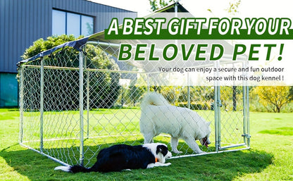 Heavy Duty Outdoor Dog Kennel Enclosure – Galvanized Steel Mesh Cage with Rain & UV-Proof Roof, Secure Lock, Ground Nails, 3 Sizes Available