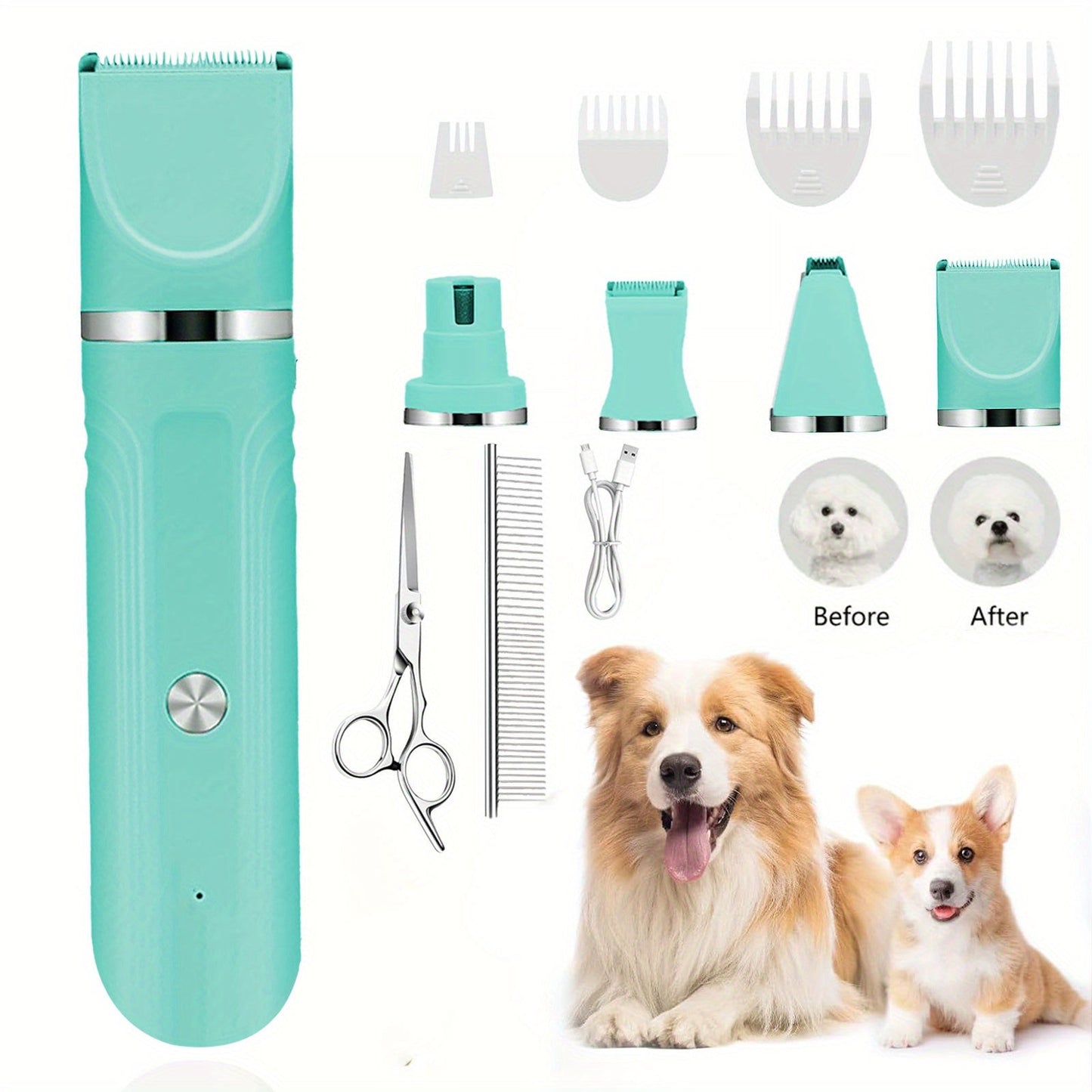 6-in-1 Rechargeable Pet Grooming Kit for Dogs & Cats – Cordless Hair Clipper, Steel Scissors, Comb & Shaver Set for Thick Coats, USB Charging