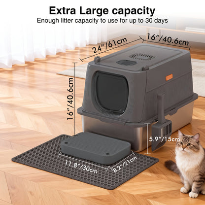 Oversized Enclosed Stainless Steel Cat Litter Box with Lid, Collapsible Anti-Splash Covered Indoor Cat Toilet with Front Flap Door & Superior Odor Control