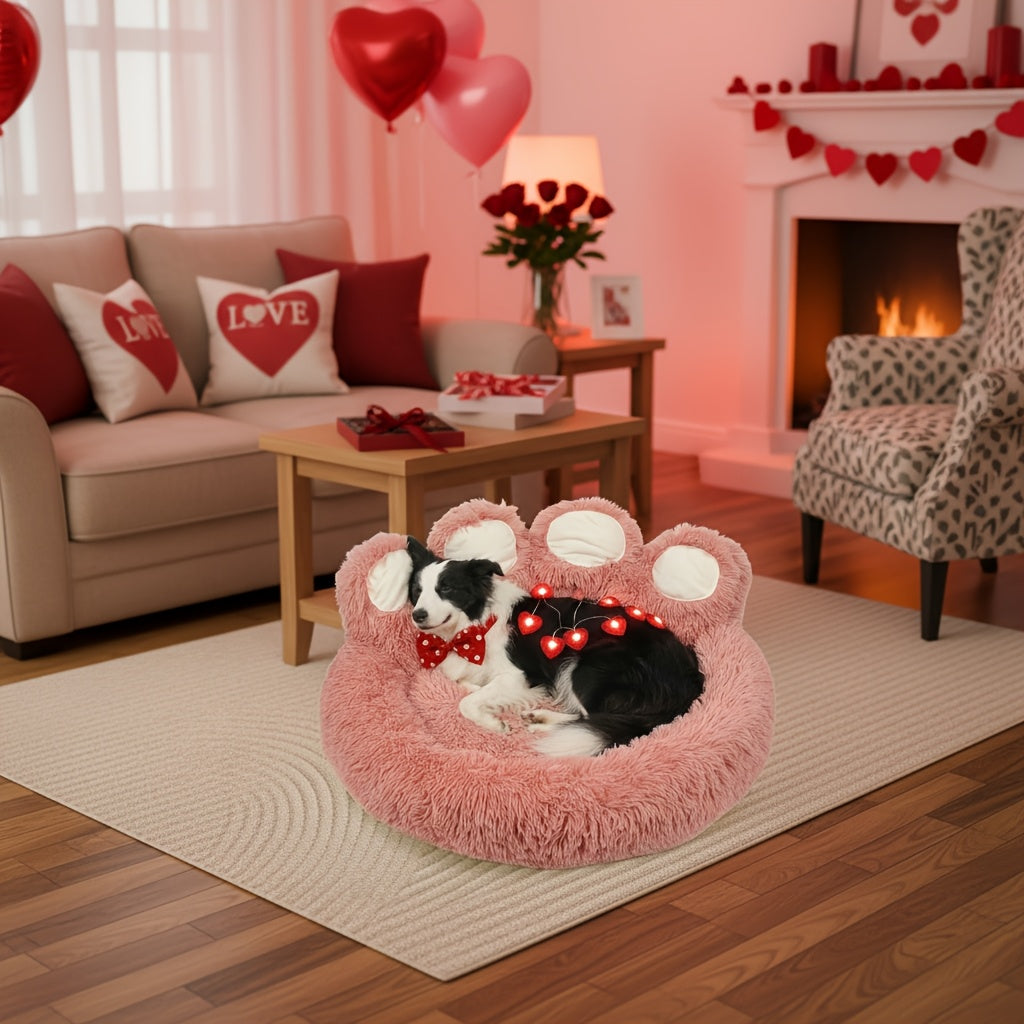 Bear Paw Shaped Donut Dog Bed & Cat Bed – Calming Warm Soft Plush Round Pet Mattress with Bonus Pet Scarf S M L XL 2XL Coffee Pink Grey Brown for Small Medium Large Dogs Cats