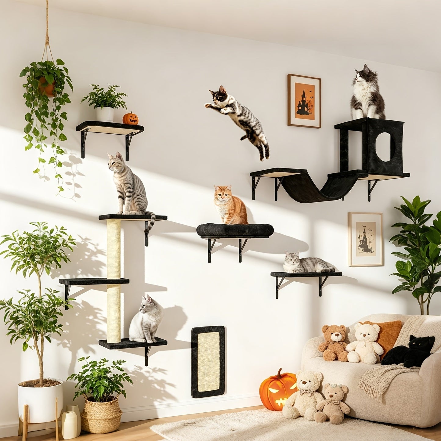 Wall Mounted Cat Climbing Shelf Set 7-Piece – Deluxe Indoor Cat Furniture with Condo, Shelves, Scratching Post, Bridge Ladder & Tunnel for All Cat Sizes