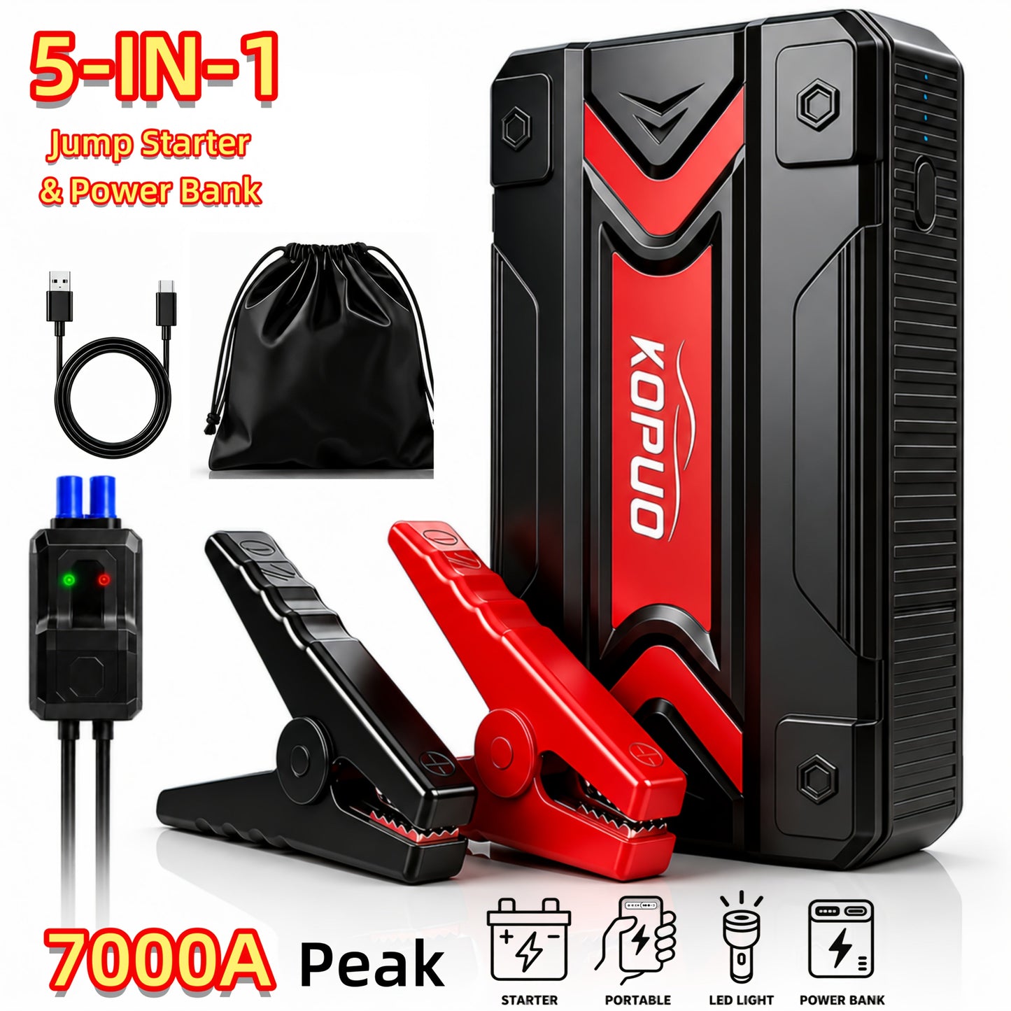 Portable Car Jump Starter 20000A Peak with Air Compressor, 7-in-1 Jump Starter Battery Pack 150PSI Tire Inflator, Power Bank, LED Light & Safety Hammer for 12V Gas & Diesel Engines – Roadside Emergency Kit