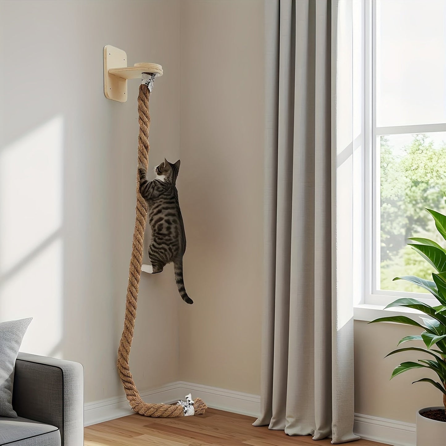 Wall-Mounted Cat Tree with 60" Jute Climbing Rope – Space-Saving Cat Wall Furniture with Scratching Post, Large Ladder & Resting Platform, Indoor Cat Climbing Activity Set for Exercise & Play