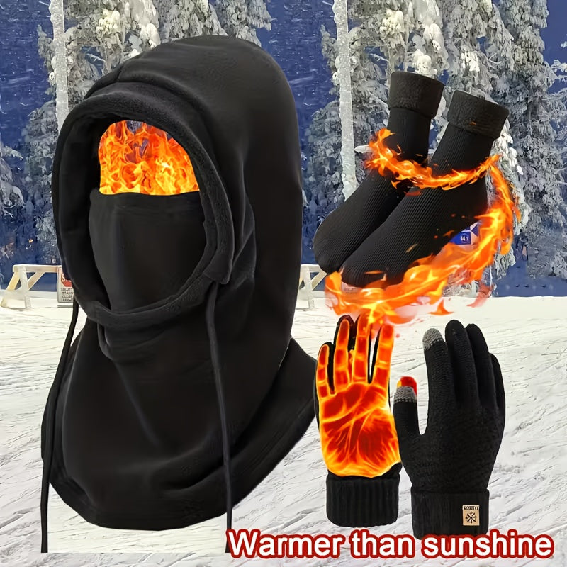 Winter Thermal Set 3/4pcs Windproof Face Mask Touchscreen Gloves Thick Fleece Socks Cold Weather Gear for Snowboarding Skiing Hiking Ice Fishing – Lightweight Warm Outdoor Accessories Bundle