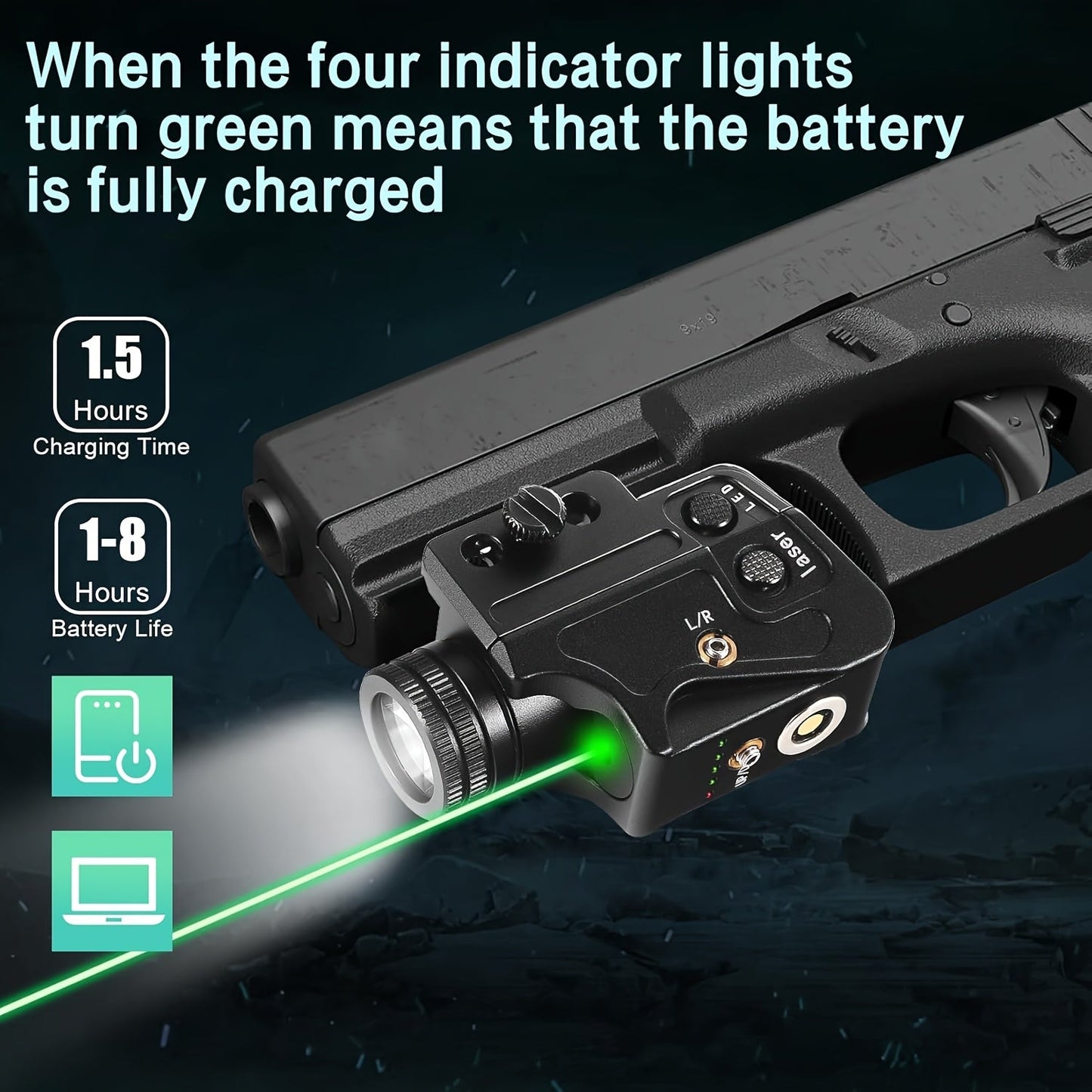 Tactical Green Laser Sight LED Flashlight Combo for Picatinny Rail Ambidextrous USB Rechargeable Fits Air Pistols Handguns Shotguns Rifles Compact Lightweight 55g