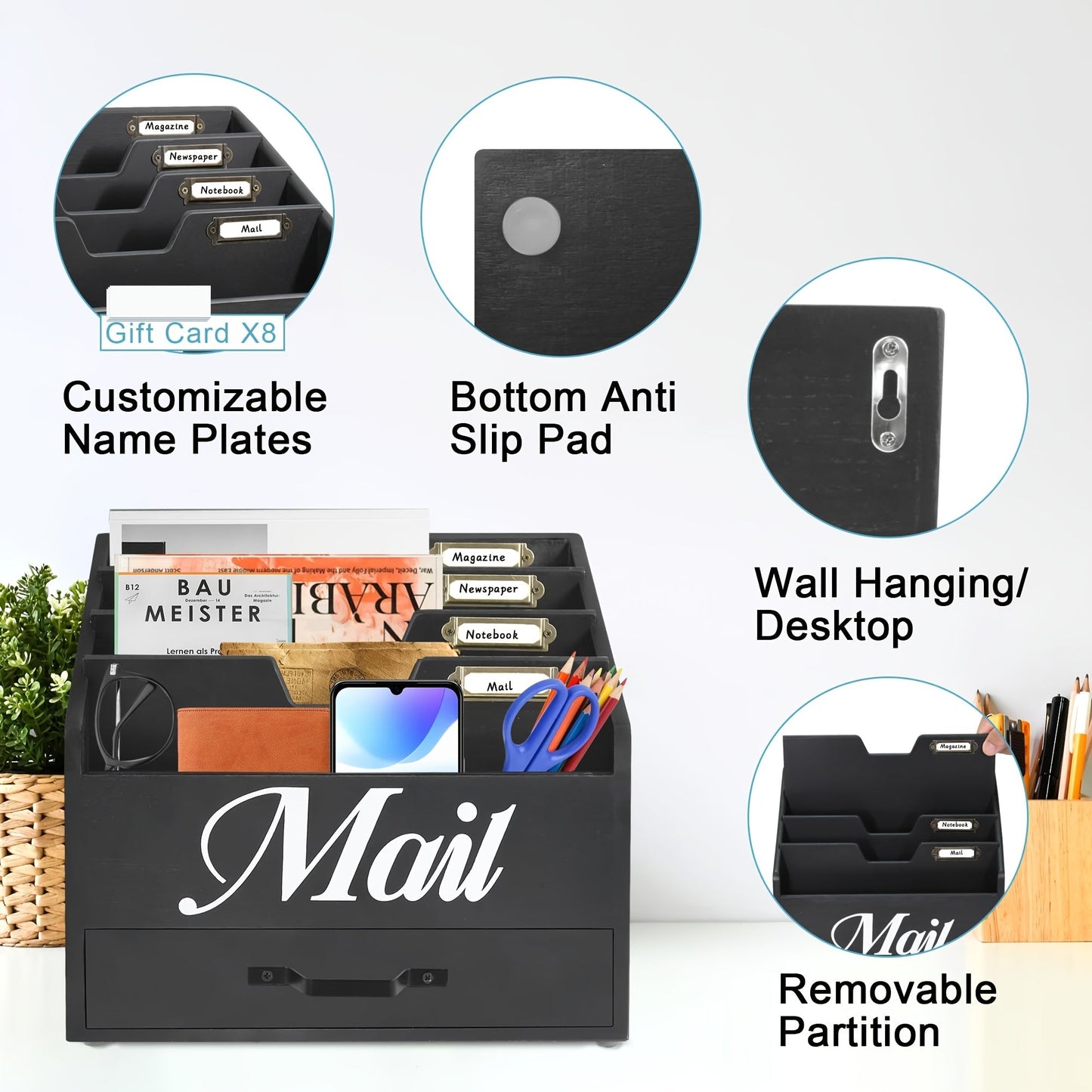Large Solid Wood Desktop Mail Organizer with Drawer and 4 Compartments Labelable Dividers for Files Letters Paper Folders Desk Organizer for Home Office Students and Professionals