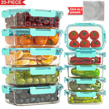 Glass Food Storage Containers with Lids 20-Piece Set, Stackable Airtight Meal Prep Containers, Oven Microwave Refrigerator & Dishwasher Safe, Space-Saving Kitchen Organization – 10 Containers + 10 Lids