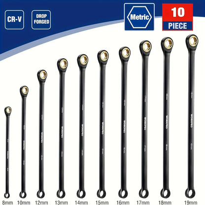 WORKPRO 10pc Extra Long Ratcheting Wrench Set – Anti-Slip Double Box Wrenches Metric 8-19mm, 72-Teeth Cr-V Steel, Black Electrophoretic Coating, Rolling Pouch Included, Professional Hand Tool Kit