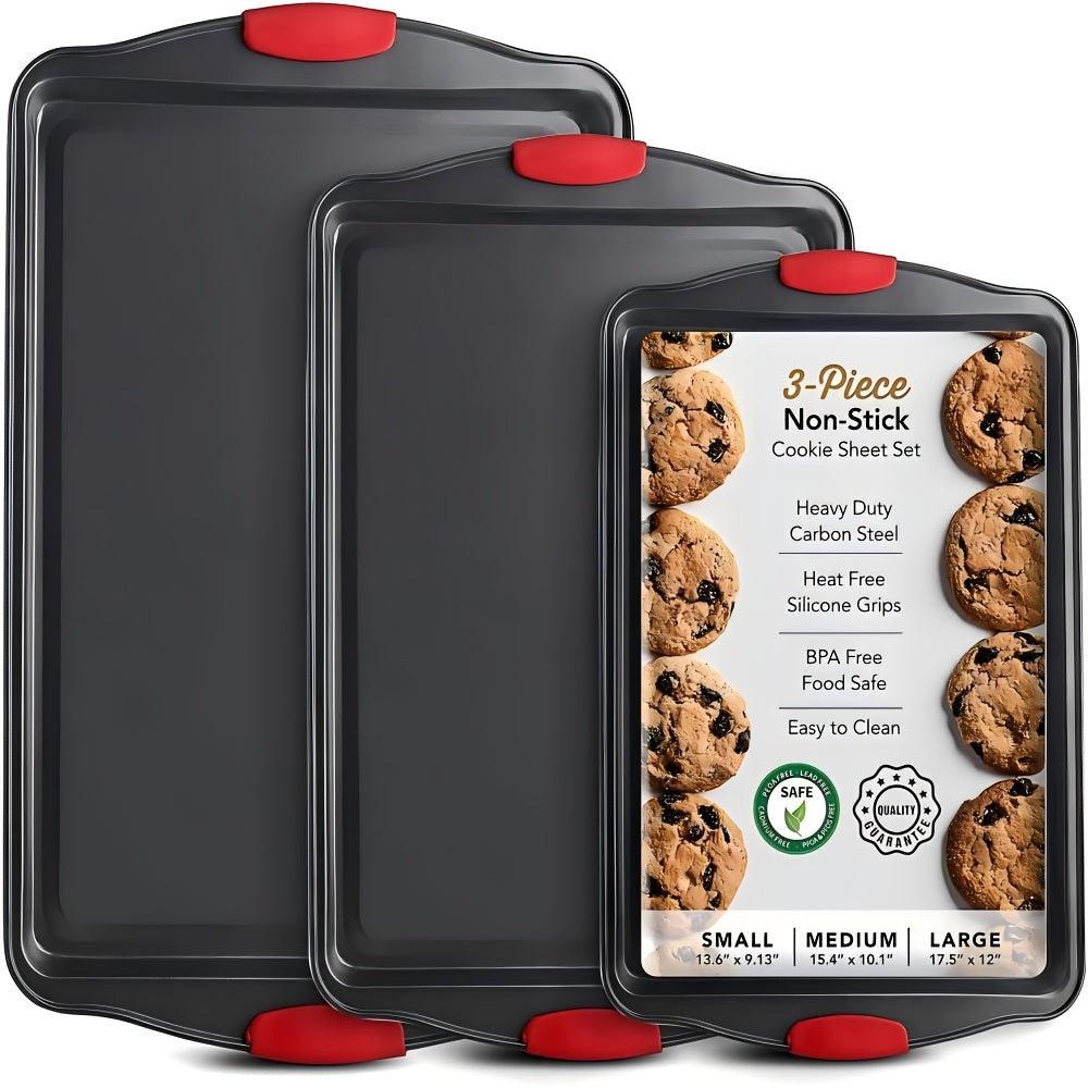 Carbon Steel Non-Stick Baking Pan Set 3-Piece – Commercial Restaurant Grade Oven Safe Bakeware with Red Silicone Handle Double-Sided Coating Sheet Pan Cookie Tray Roasting Pan