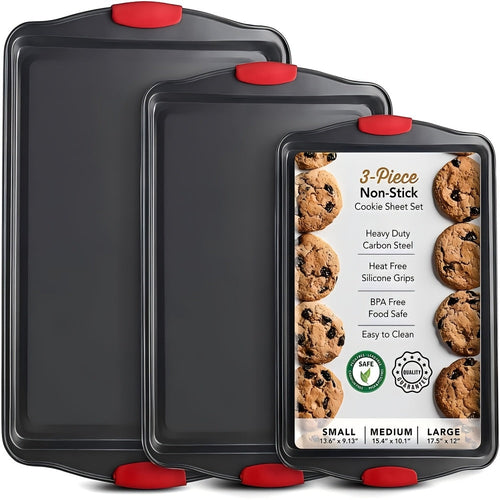 Carbon Steel Non-Stick Baking Pan Set 3-Piece – Commercial Restaurant Grade Oven Safe Bakeware with Red Silicone Handle Double-Sided Coating Sheet Pan Cookie Tray Roasting Pan