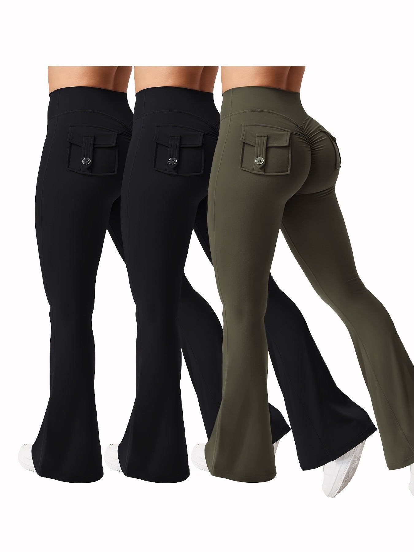 Women's 3-Piece High Waist Flare Yoga Pants Set with Belt and Pockets, Scrunch Butt Lifting Squat Proof 90% Polyester Stretchy Flared Leggings for Workout Gym Running Casual Wear