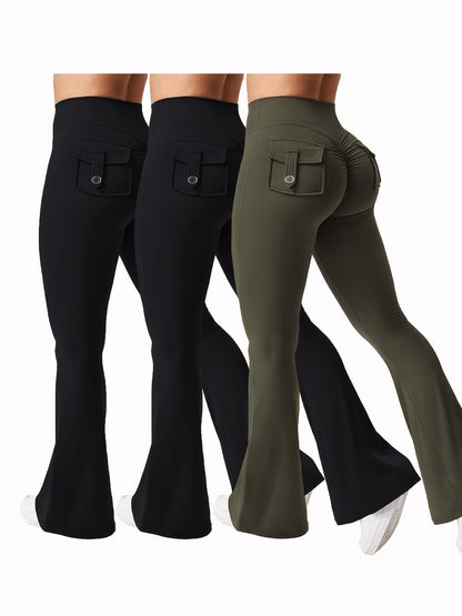 Women's 3-Piece High Waist Flare Yoga Pants Set with Belt and Pockets, Scrunch Butt Lifting Squat Proof 90% Polyester Stretchy Flared Leggings for Workout Gym Running Casual Wear
