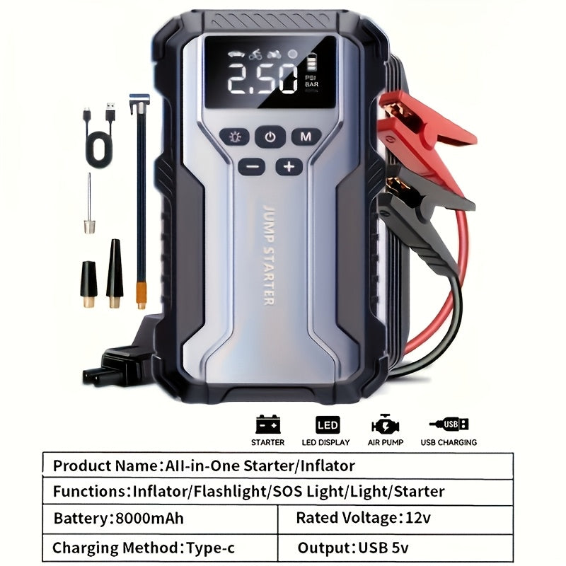 7-in-1 Portable Car Jump Starter 10000mAh – Multi-Functional Emergency Battery Booster with LED Emergency Light for Gas (2.64 Gal) & Diesel (2.38 Gal) Engines, Car Emergency Tool Kit