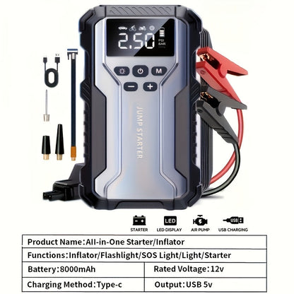 7-in-1 Portable Car Jump Starter 10000mAh – Multi-Functional Emergency Battery Booster with LED Emergency Light for Gas (2.64 Gal) & Diesel (2.38 Gal) Engines, Car Emergency Tool Kit