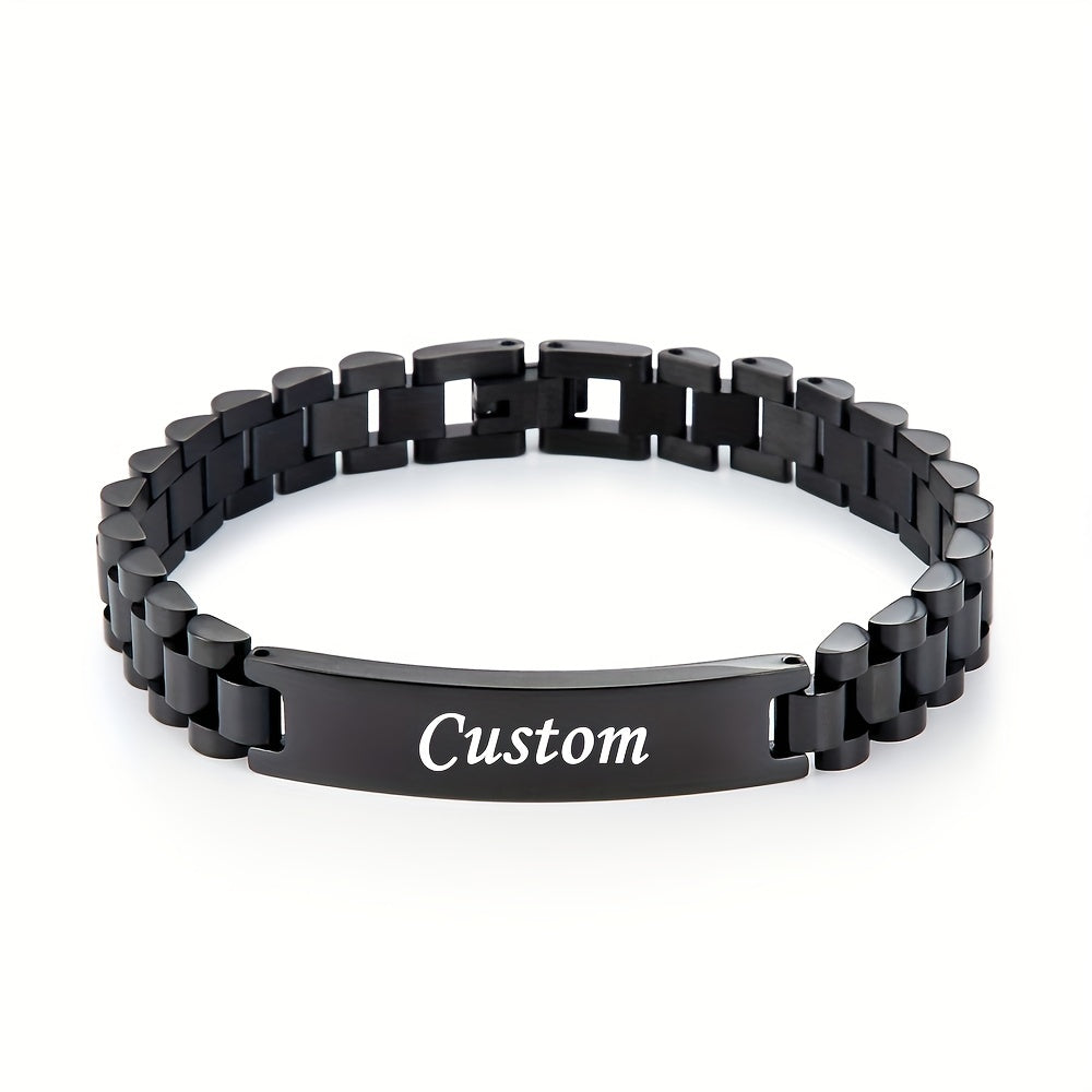 Men's Personalized Stainless Steel Bracelet – Custom Letter Engraving Punk Style, 304L Hypoallergenic Rust-Resistant Wrist Jewelry in Steel Gold Black, Birthday Father's Day Gift for Him Boyfriend Dad