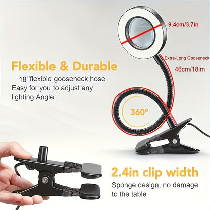 Diamond Painting Magnifier LED Clamp Lamp 10X Hands-Free – USB 5V, 3 Color Modes, 10 Brightness Levels, 18'' Flexible Gooseneck, Clamp Desk Light for Crafts Sewing Jewelry Embroidery Reading