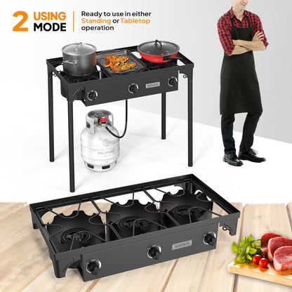 High Pressure Propane Burner Stove 100,000-225,000 BTU - Heavy Duty Cast Iron Outdoor Camp Cooker with Detachable Legs, CSA Listed Regulator, 1 or 3 Burner for Camping, Tailgating & Brewing