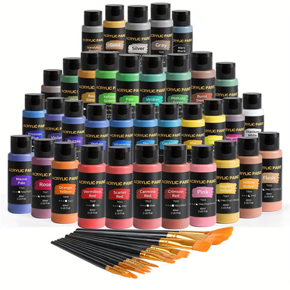 Acrylic Paint Set 36 Colors 2oz Each with 12 Art Brushes – Rich Pigment Painting Supplies for Canvas, Ceramic & Fabric, Beginner & Professional Artists, Back to School & Holiday Gift