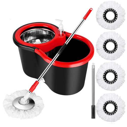 360° Spin Mop and Bucket Set with Wringer – Microfiber Mop Refills, Stainless Steel Extended Handle, Separate Compartment, Floor Cleaning System