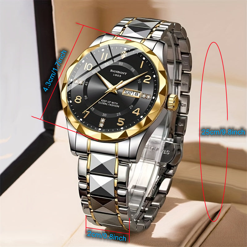 Stainless Steel Quartz Watch for Men & Women - Rhinestone Round Dial Luminous Display, Fully Automatic Multifunctional IPX7 Waterproof Wristwatch for Casual Sports, Holiday Birthday Gift