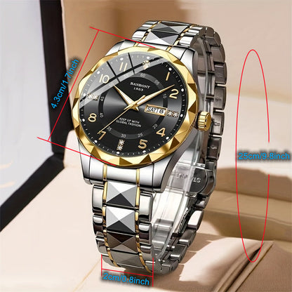 Stainless Steel Quartz Watch for Men & Women - Rhinestone Round Dial Luminous Display, Fully Automatic Multifunctional IPX7 Waterproof Wristwatch for Casual Sports, Holiday Birthday Gift