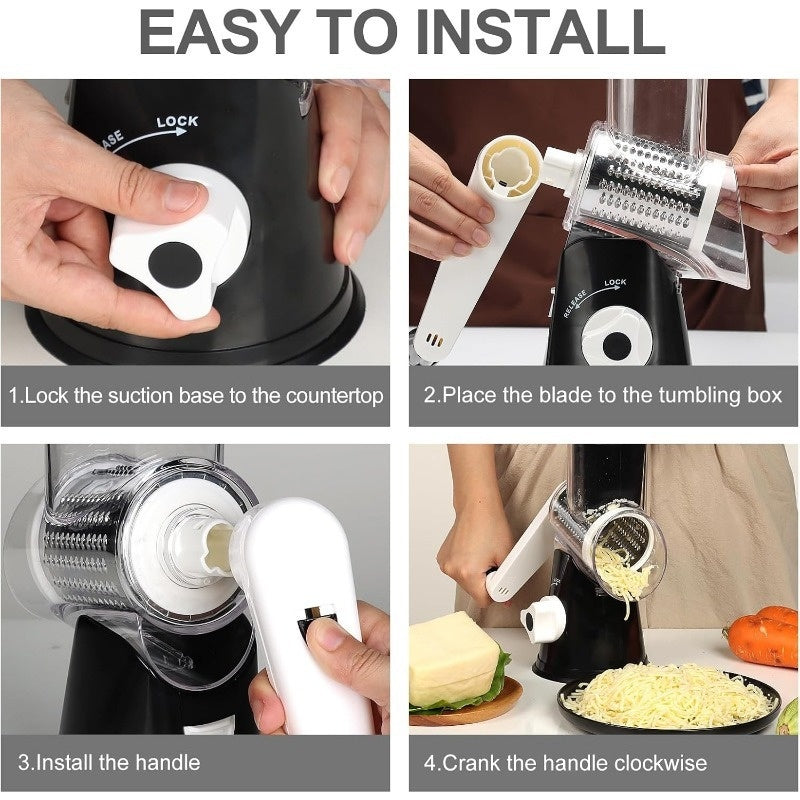 Rotary Cheese Grater Hand Crank Shredder with 3 Interchangeable Blades - Non-Slip Suction Base, Free Cleaning Brush, for Fresh Cheese, Vegetables & Nuts, Kitchen Tool Gift