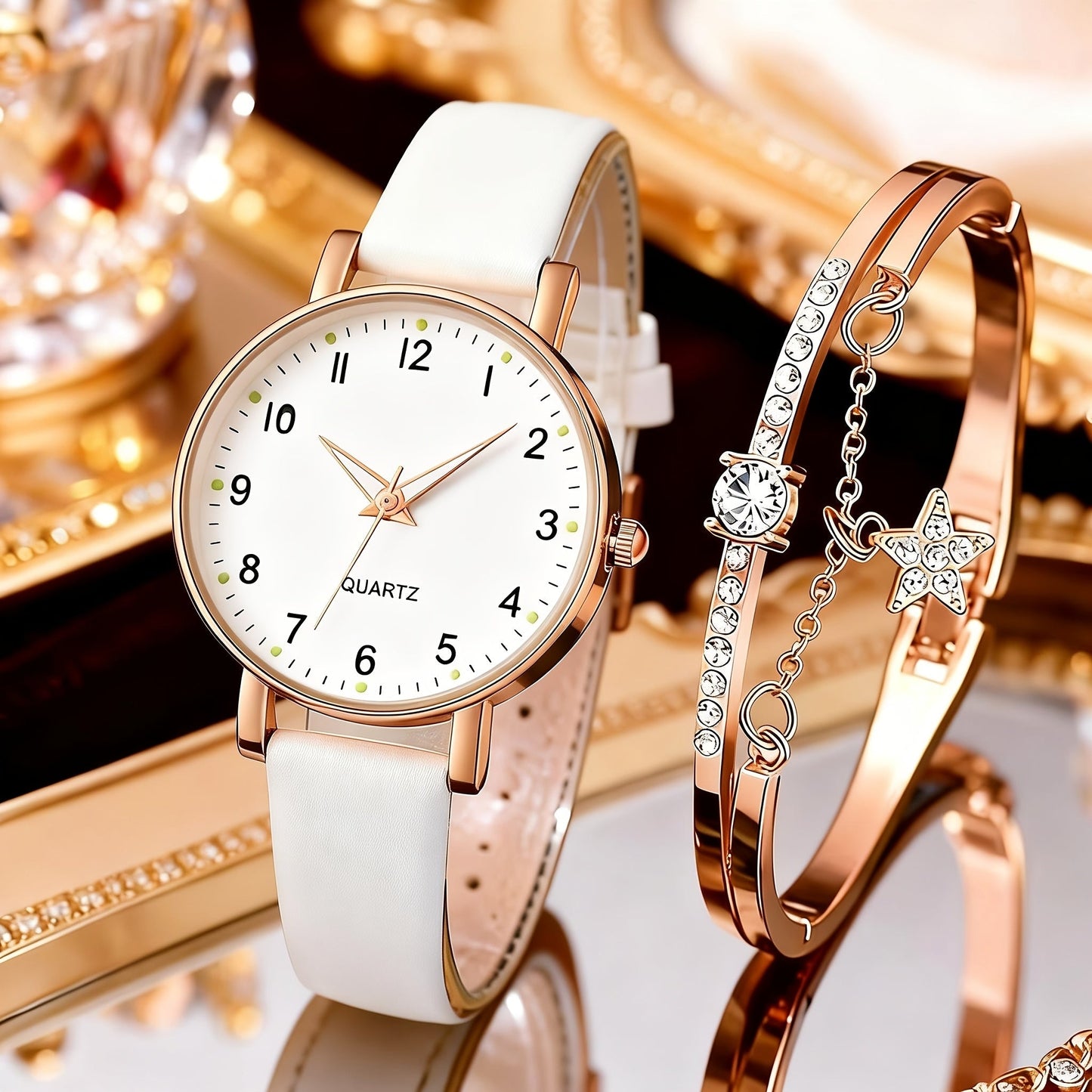 Rhinestone Heart Watch Set for Women – 2 Quartz Watches with Faux Leather Strap, Rose Gold & Pink Bracelet Wristwatch Gift Set for Valentine's Day, Birthdays & Parties