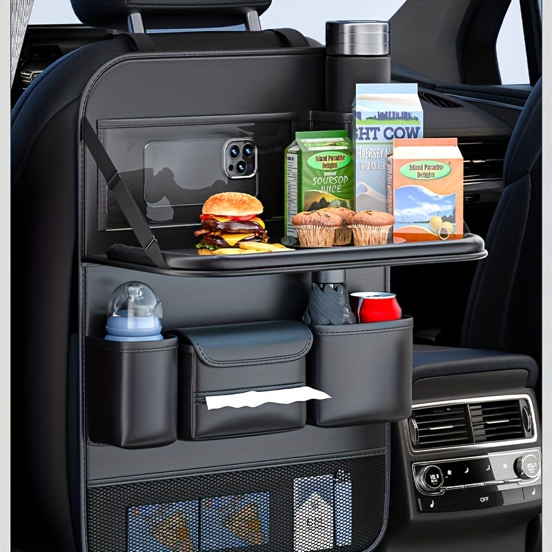 Car Seat Back Organizer PU Leather – Multifunctional Back Seat Storage Bag with Foldable Dining Table, Cup Holder & Travel Pockets, Universal Fit for Cars SUVs Trucks, Road Trip Accessories