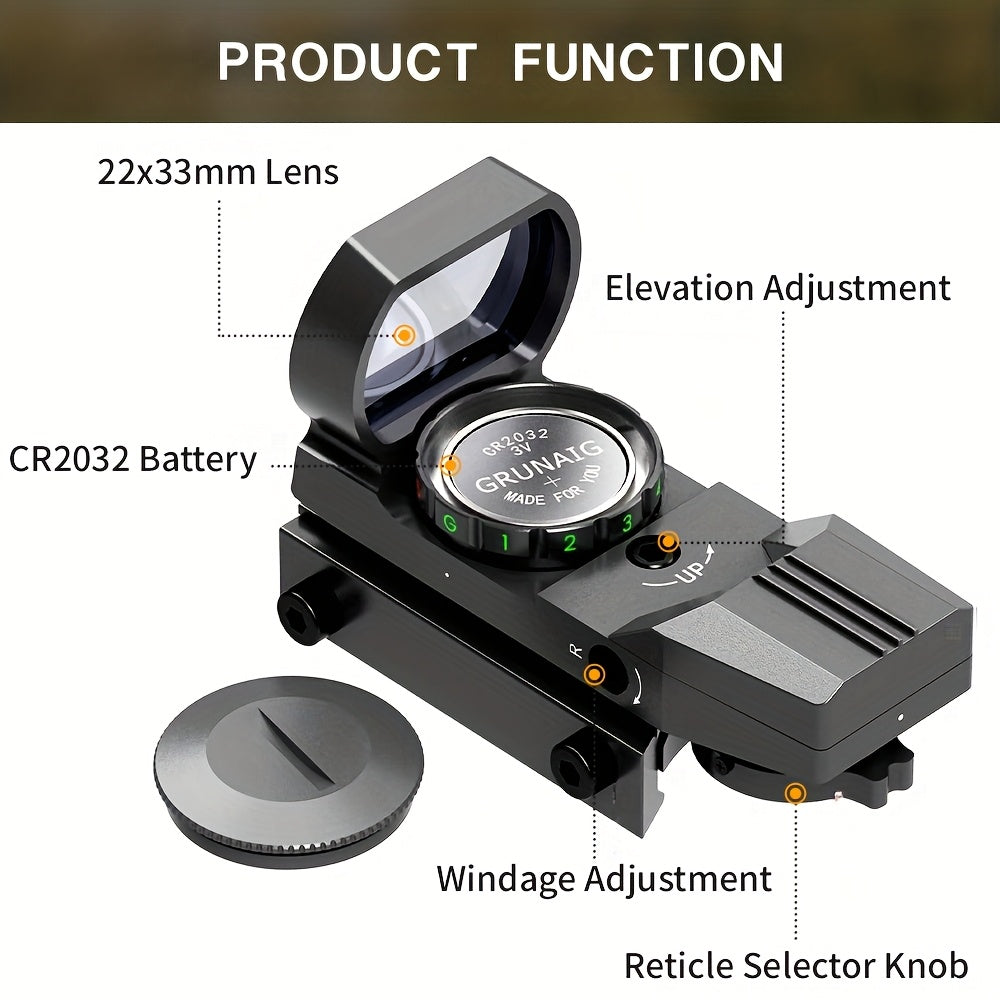33mm Red Green Dot Sight – 4 Reticle Modes, 5 Brightness Settings, Parallax-Free Ultralight Rail Mount Scope for Rifles Shotguns Carbines, Hunting Target Shooting Tactical Use, CR2032 Battery Included