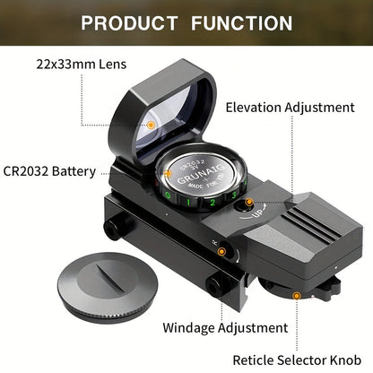 33mm Red Green Dot Sight – 4 Reticle Modes, 5 Brightness Settings, Parallax-Free Ultralight Rail Mount Scope for Rifles Shotguns Carbines, Hunting Target Shooting Tactical Use, CR2032 Battery Included