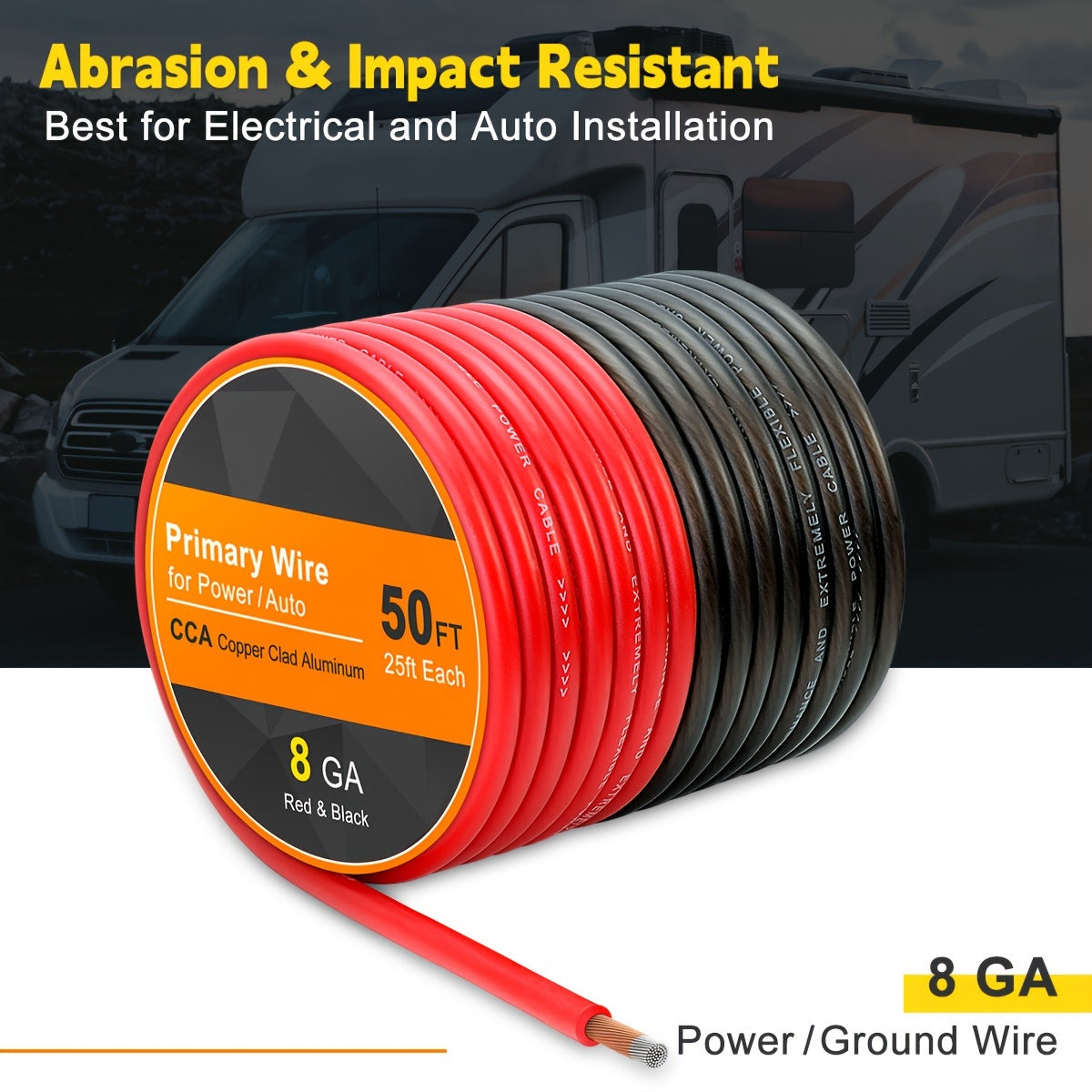 8 Gauge Wire 50ft CCA Power Ground Cable Kit (25ft Red + 25ft Black) for Car Audio, Amplifier, Speaker, Marine, Welding & Automotive Electrical Wiring