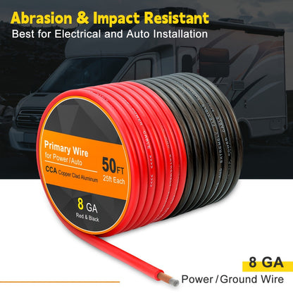 8 Gauge Wire 50ft CCA Power Ground Cable Kit (25ft Red + 25ft Black) for Car Audio, Amplifier, Speaker, Marine, Welding & Automotive Electrical Wiring