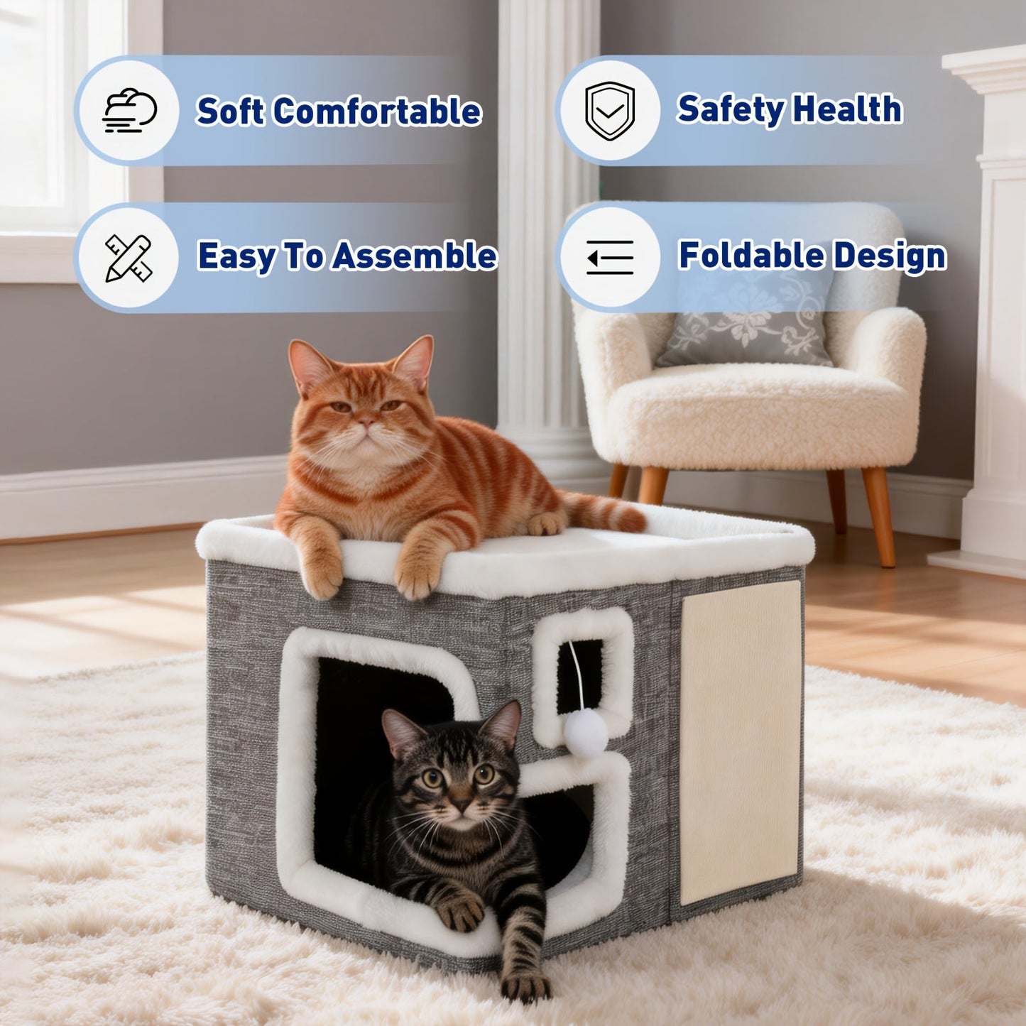 3-in-1 Cat House Indoor Condo – Luxury Wooden Ottoman Style Cat Bed Sleep Play & Scratch, Multi-Cat Friendly Large Cat Cave Hideaway Cube Furniture, Light Gray Standard & Large