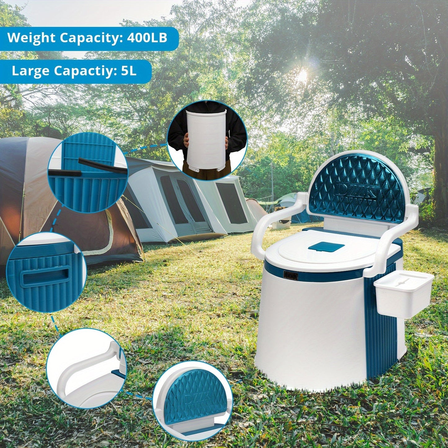 Portable Camping Toilet with Backrest & Handrails – 5 Gallon Detachable Bucket 350 lb Capacity Lightweight Commode for RV Boat Travel Camping