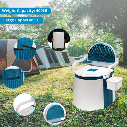 Portable Camping Toilet with Backrest & Handrails – 5 Gallon Detachable Bucket 350 lb Capacity Lightweight Commode for RV Boat Travel Camping