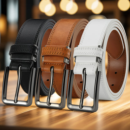 3pcs Men's Genuine Leather Belt Set with Pin Buckle – Classic Vintage Cowhide Adjustable Jean Belts for Men, Multiple Colors & Sizes