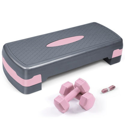 Adjustable Height Aerobic Stepper Set with 2 Dumbbells & Measuring Tape – Non-Slip Exercise Step Platform with Level Risers, 550 LB Capacity, Home Gym Workout Equipment for Cardio & Weight Loss