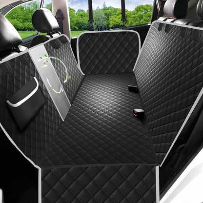 Dog Car Seat Cover Hammock with Mesh Windows & Storage Pockets – Scratchproof Non-Slip Nylon Backseat Protector, Universal Fit for Cars Trucks SUVs, Gray Black Green Leaf Design