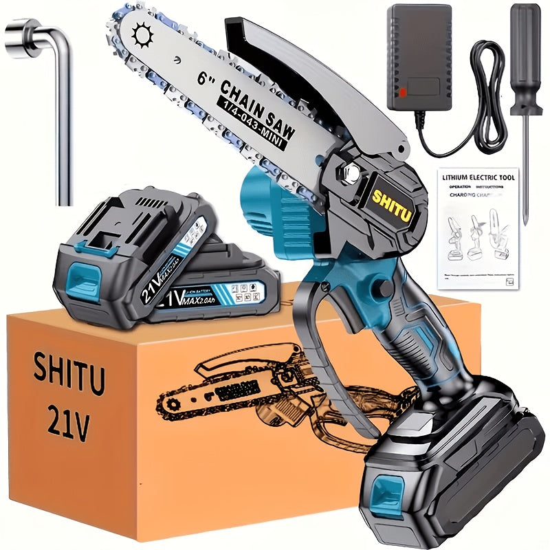 Mini Cordless Chainsaw Portable Handheld Electric Tree Cutter Splash Guard Security Lock Rechargeable for Garden Yard