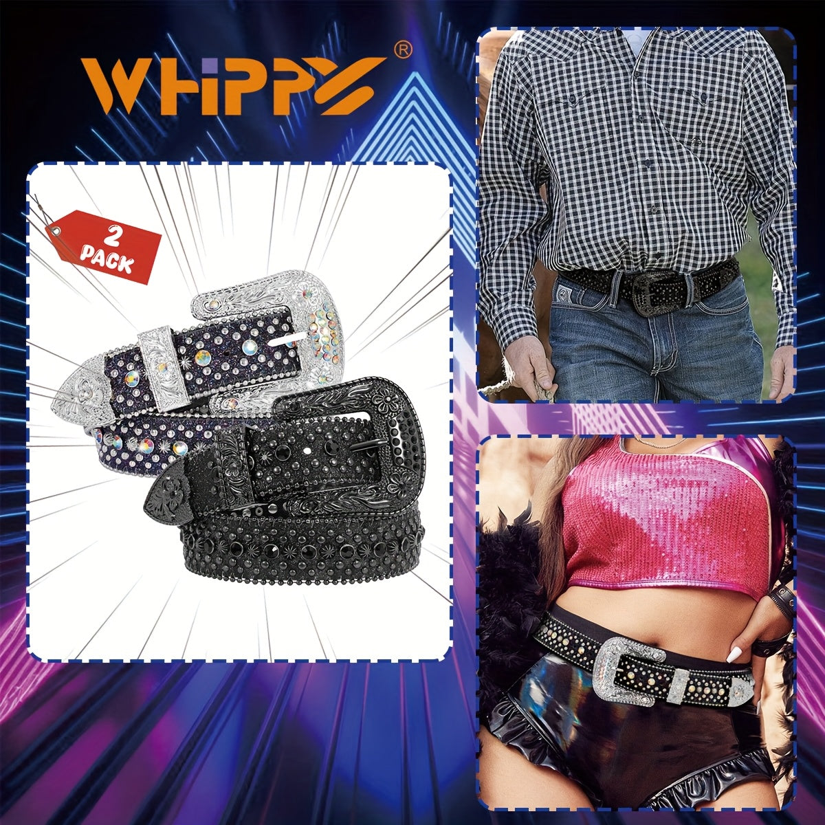 Rhinestone Belt Unisex Western Cowgirl Bling Belt – Sparkling Faux Leather Adjustable Waist Belt with Alloy Buckle for Women Men Sizes S-XL Party Festival Halloween Christmas Gift