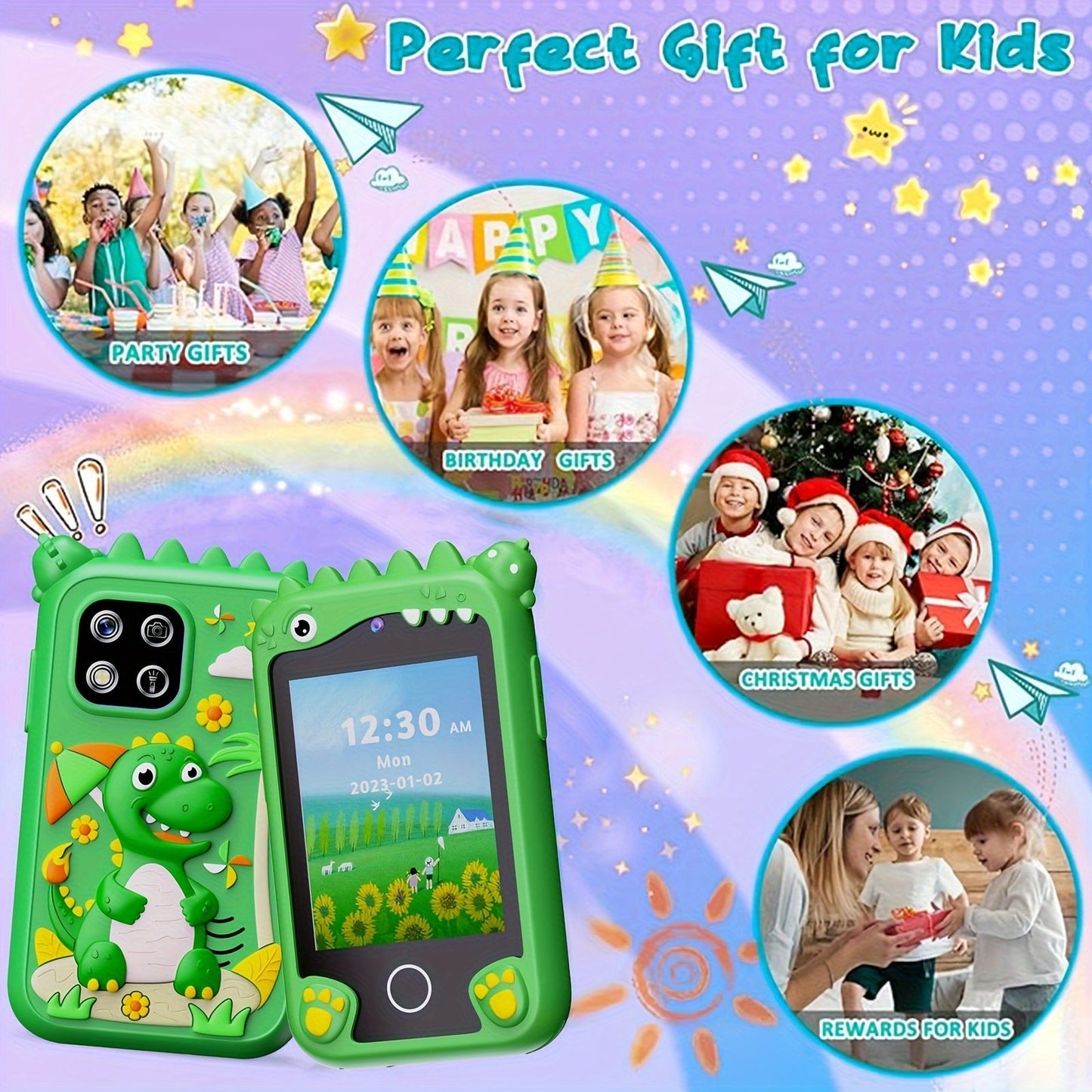 Kids Smart Phone Toy with HD Touchscreen Dual Camera Dinosaur Design 8GB SD Card Included Play Cell Phone for Boys and Girls Ages 3 and Up Travel Toy Birthday Easter Halloween Christmas Gift Green Purple