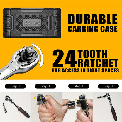46pcs Home & Car Repair Tool Set – Ratchet Torque Wrench, Screwdriver & Socket Kit for Car, Motorcycle, Bicycle & Household Repairs