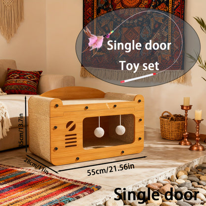 Cardboard Cat Scratching House – Durable Hideout & Bed with Feather Wand Toy, Ventilated Indoor Cat Scratcher, Available in 17.7" & 22" Sizes
