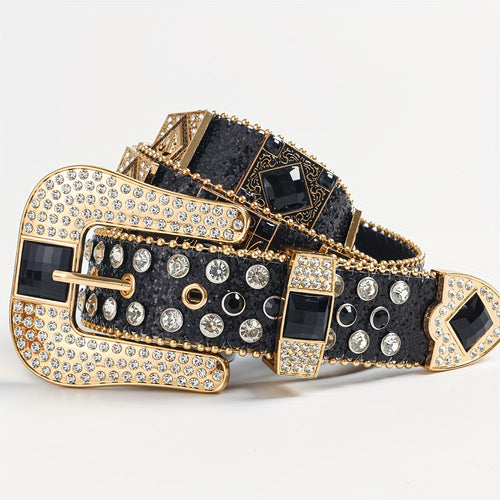Rhinestone Punk Belt for Women - European American Style Rock & Roll Fashion Belt with Inlaid Rhinestones & Sequins, Zinc Alloy Golden Buckle, Glamorous Party Festival & Everyday Outfit Accessory